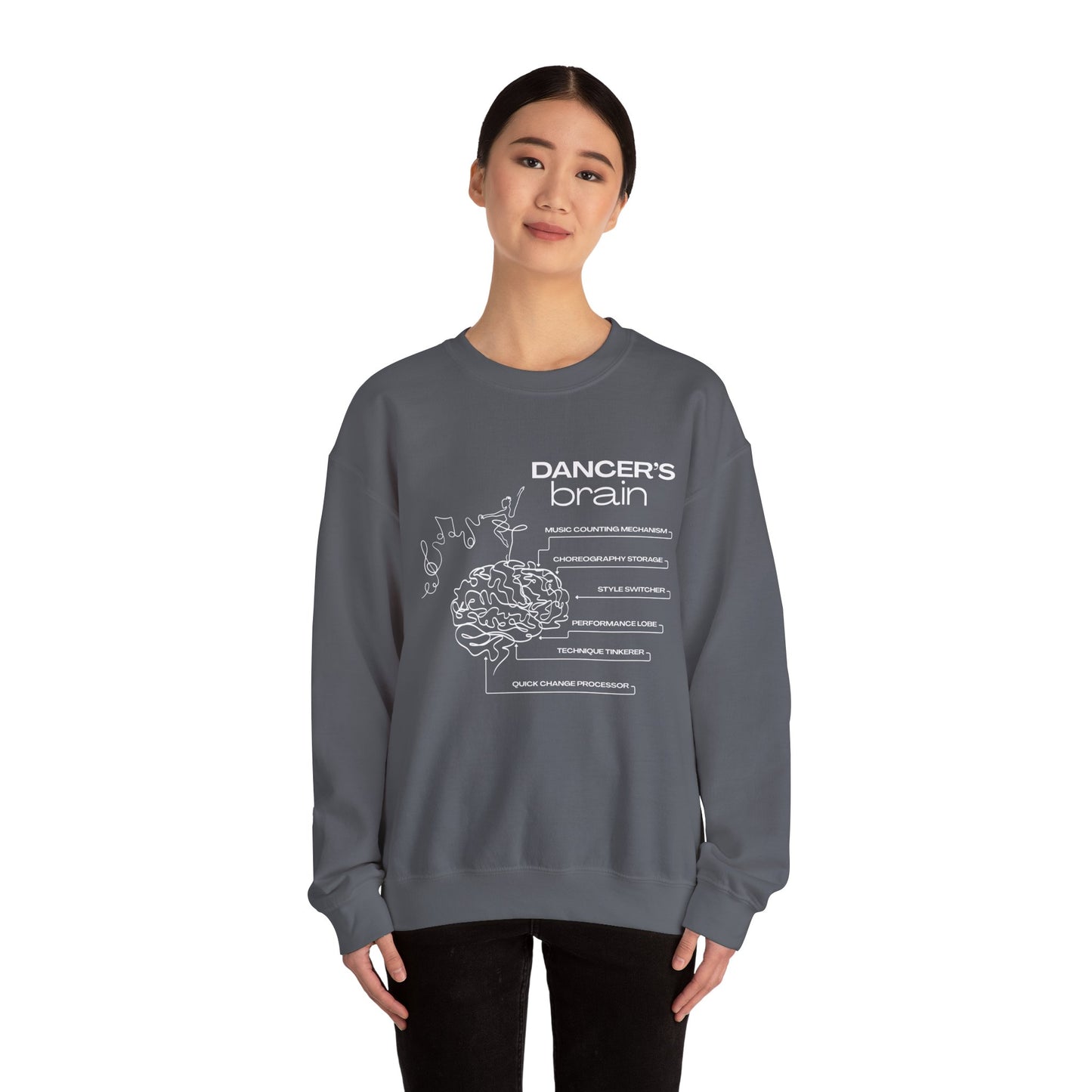 “Dancer’s Brain” Funny Dance Anatomy Sweatshirt – Unisex Heavy Blend Crewneck with Optional Name or Studio Personalization