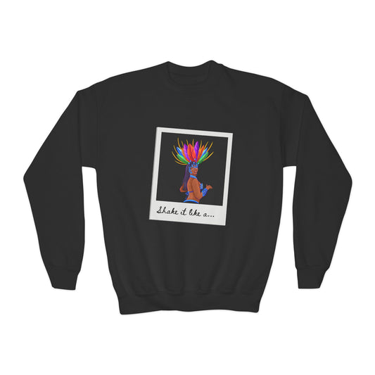 "Shake It Like a..." Youth Crewneck Sweatshirt – Carnival-Inspired Samba Dancer Graphic Pullover for Kids and Teens