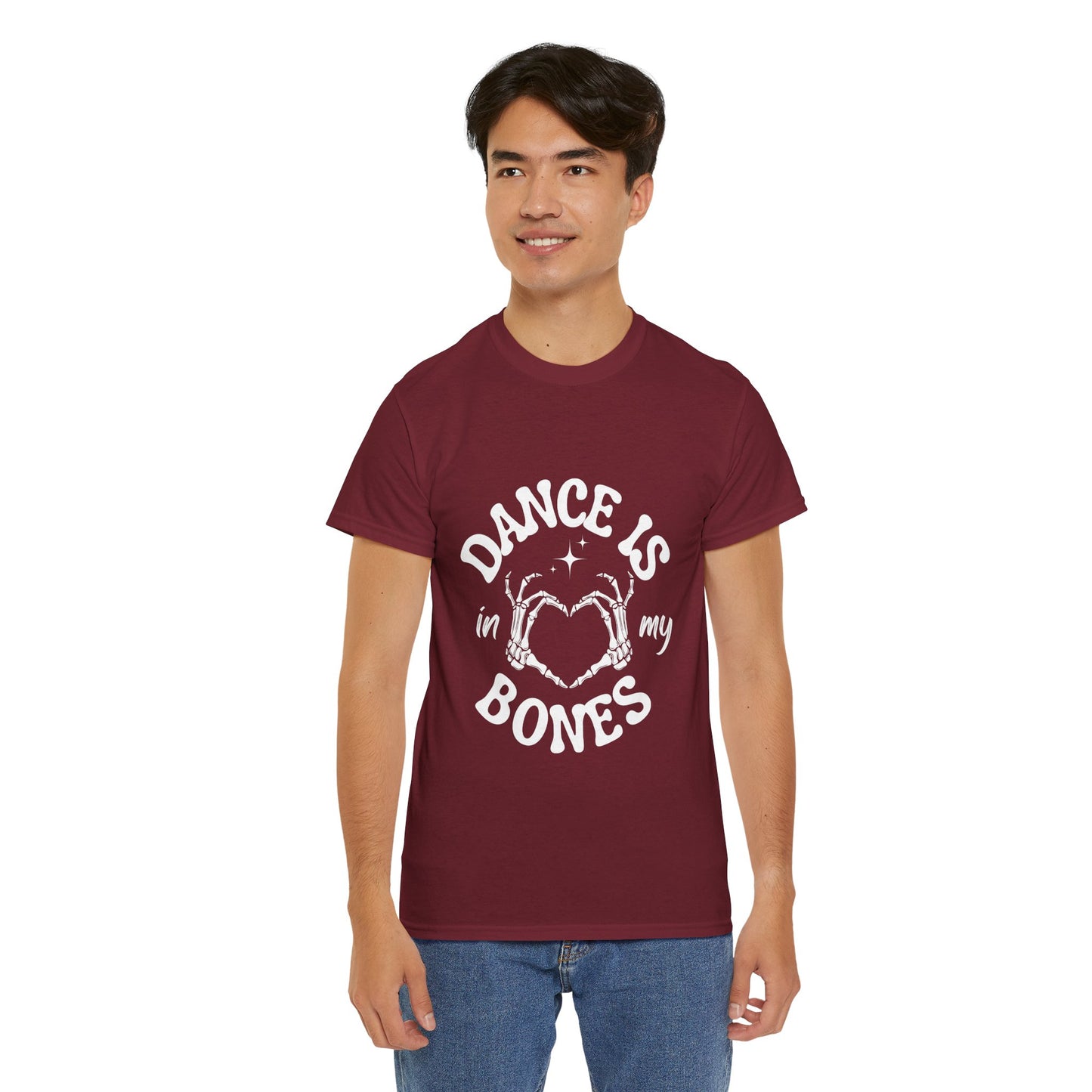 “Dance Is in My Bones” Halloween Dance T-Shirt with Cute Skeleton Heart Graphic - Unisex Heavy Cotton Tee