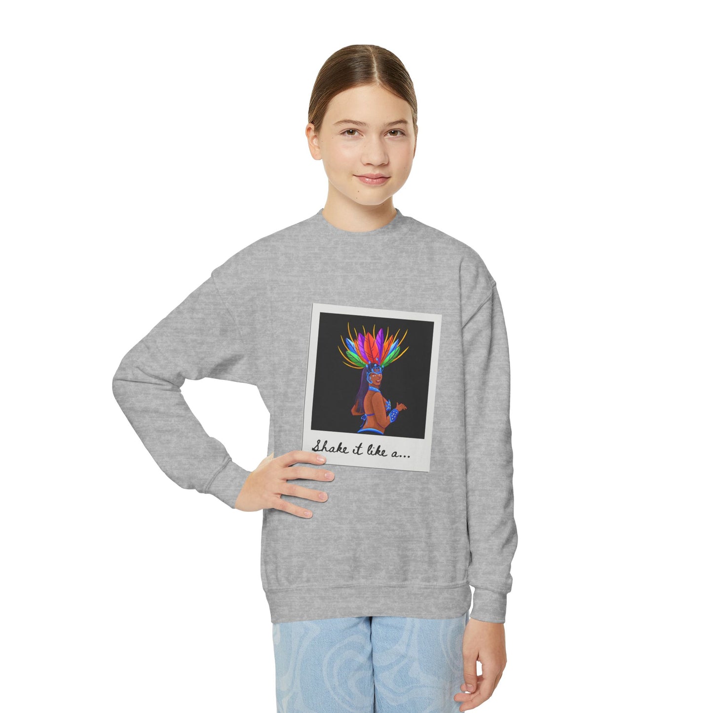 "Shake It Like a..." Youth Crewneck Sweatshirt – Carnival-Inspired Samba Dancer Graphic Pullover for Kids and Teens