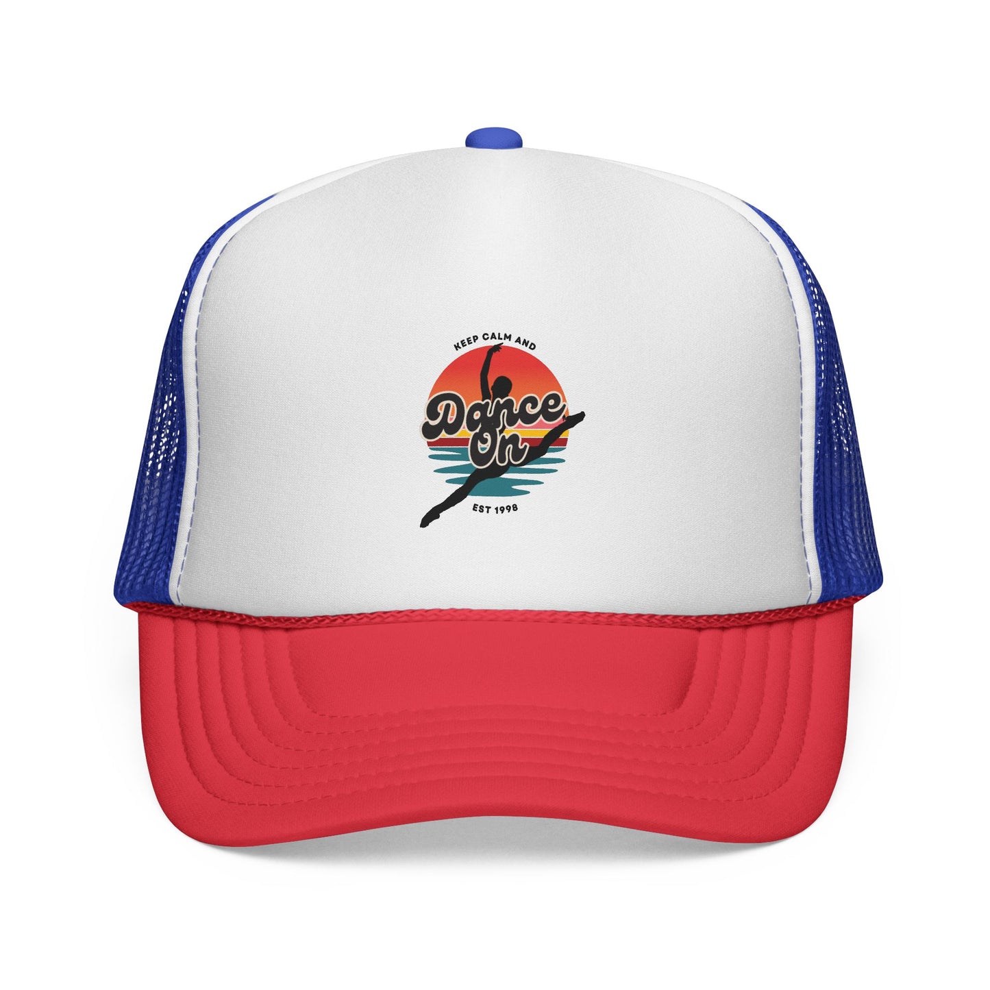 "Keep Calm and Dance On" Trucker Hat – Retro Dancer Graphic Unisex Cap for Dance Lovers | Fun Dance-Themed Hat for Everyday Style & Gifts
