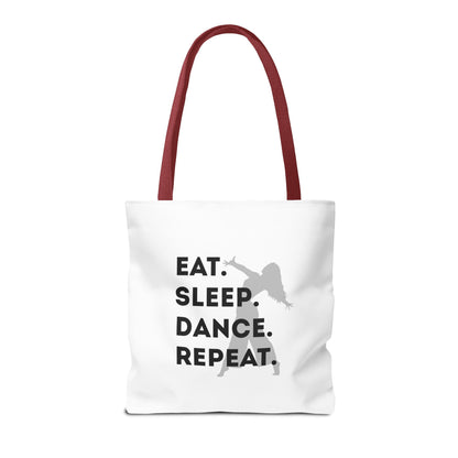 "Eat Sleep Dance Repeat" Canvas Tote Bag – Gray Dancer Silhouette Dance-Themed Reusable Shoulder Bag for Dancers, Studio, or Everyday Use