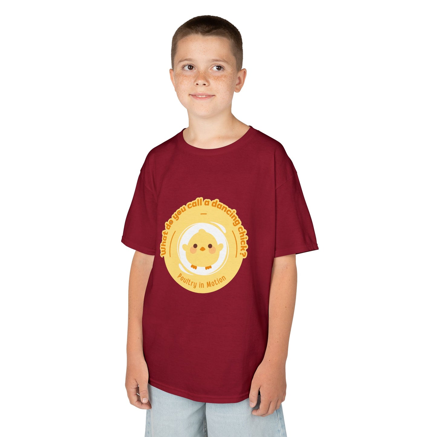 “What do you call a dancing chick? Poultry in Motion” Funny Chick Dance Tee for Kids – Cute Chicken Graphic - Youth Dance Pun T-Shirt