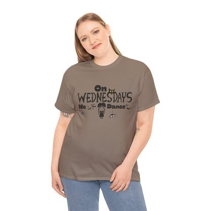 “On Wednesdays We Dance” Gothic Halloween T-Shirt with Cute Girl, Black Cat, Spiders & Bats - Unisex Heavy Cotton Tee