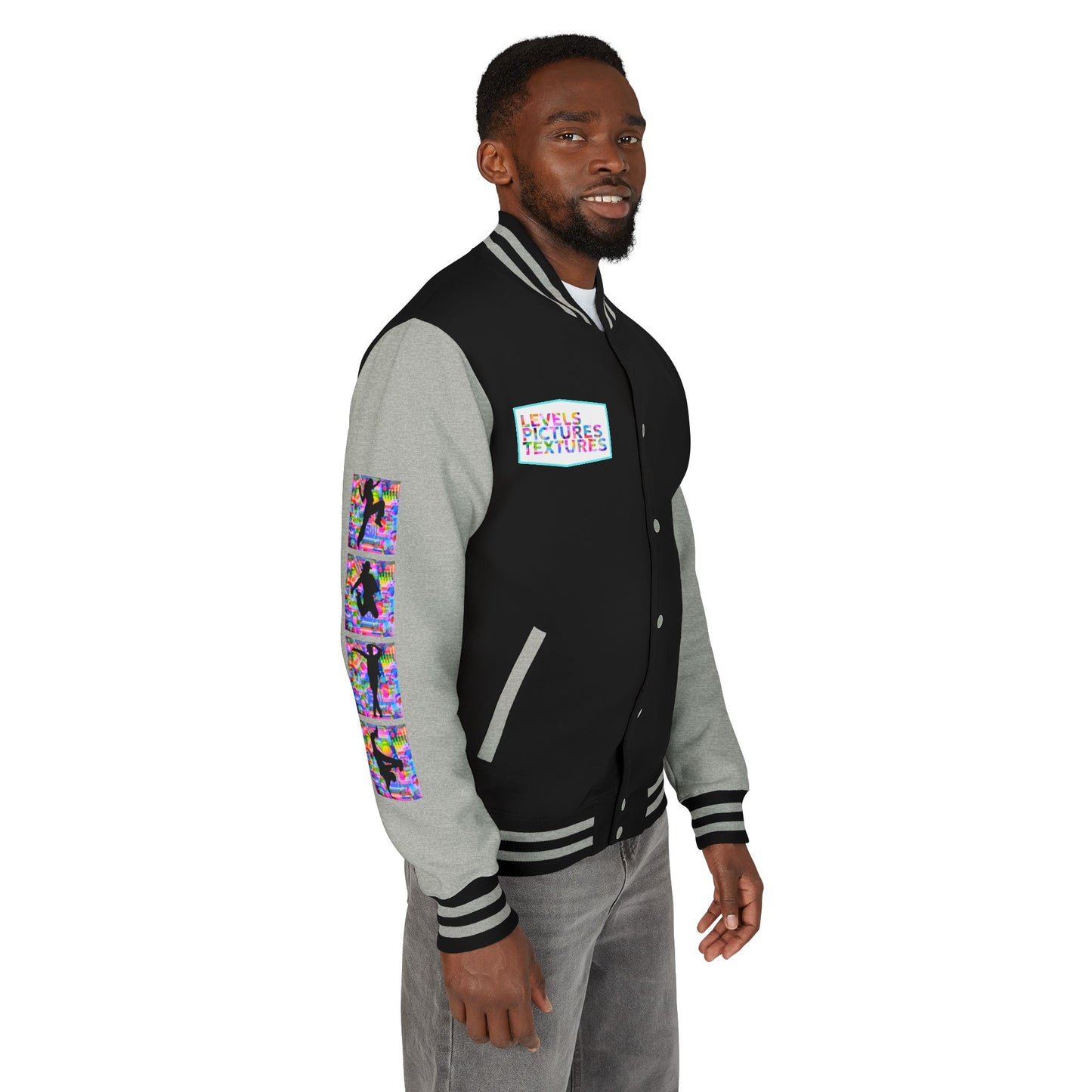 Levels Premium Collection Dance Letterman Jacket – Colorful Unisex Streetwear Varsity Jacket with "Levels Pictures Textures" Front and Dancer Silhouette Back Graphic