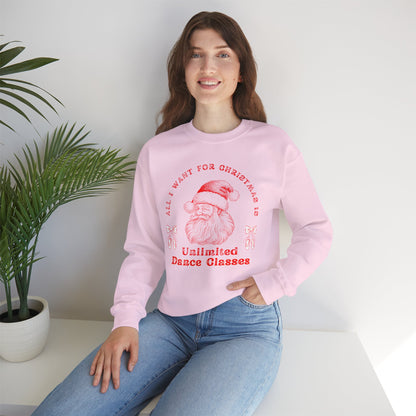 “All I Want for Christmas Is Unlimited Dance Classes” ADULT SWEATSHIRT Unisex Heavy Blend Crewneck with Vintage Santa – Festive Holiday Dance Sweatshirt for Dancers & Studios