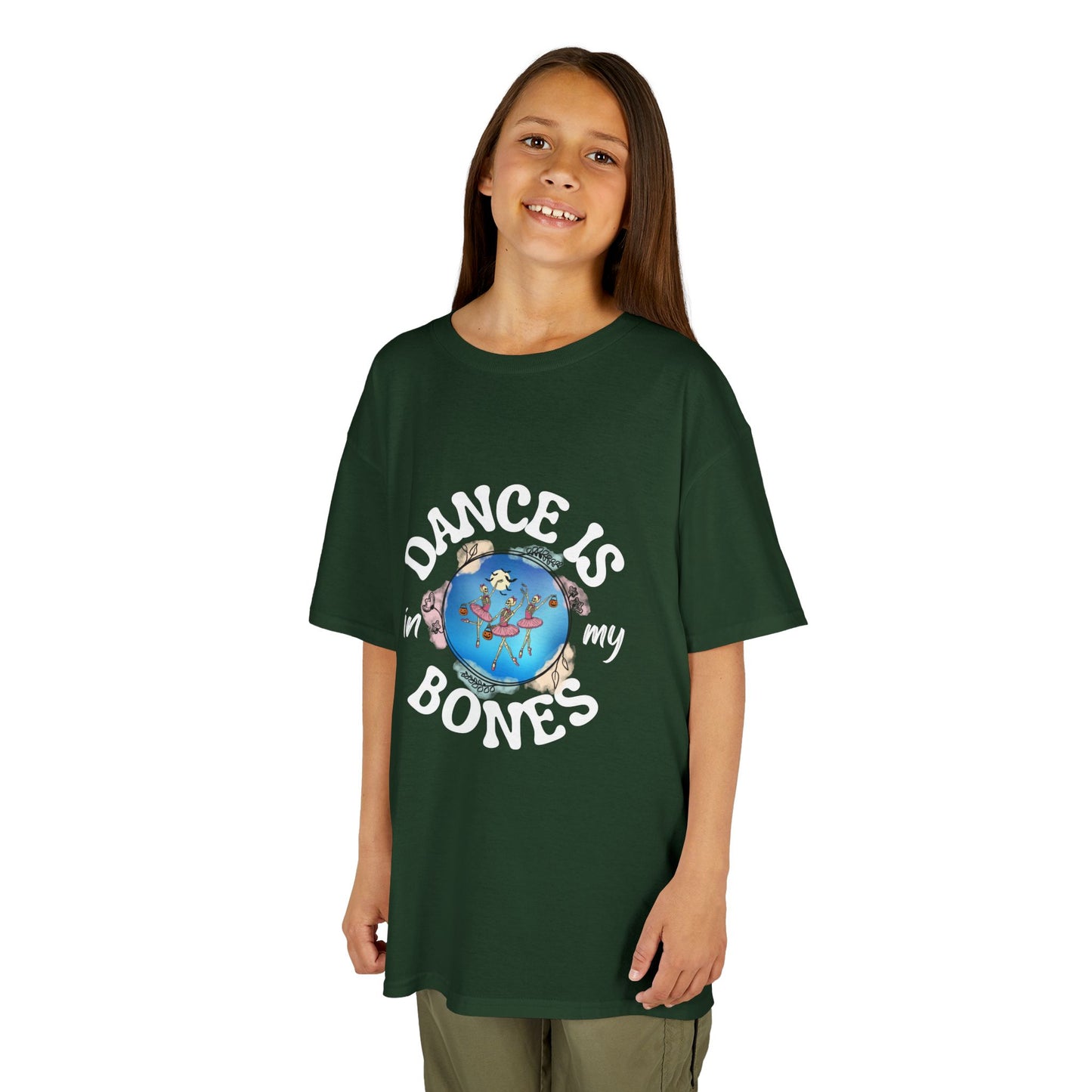 "Dance Is in My Bones” Halloween Dance T-Shirt with Dancing Skeletons Graphic - Kids Heavy Cotton™ Tee