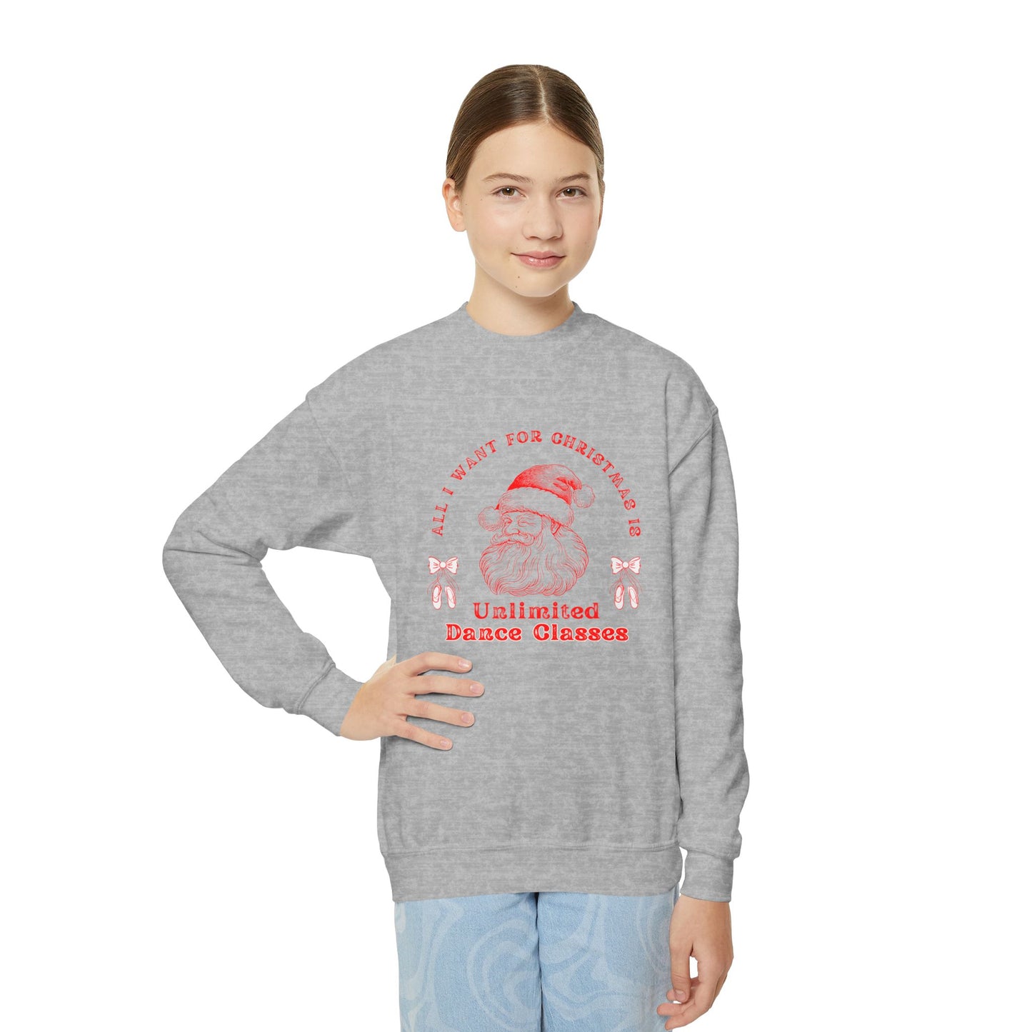 “All I Want for Christmas Is Unlimited Dance Classes” YOUTH SWEATSHIRT  Crewneck with Vintage Santa – Festive Holiday Dance Sweatshirt for Dancers & Studios