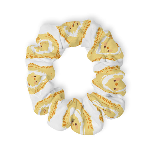 “What do you call a dancing chick? Poultry in Motion” Scrunchie – Funny Dance Pun Hair Accessory with Cute Dancing Chicken Graphic