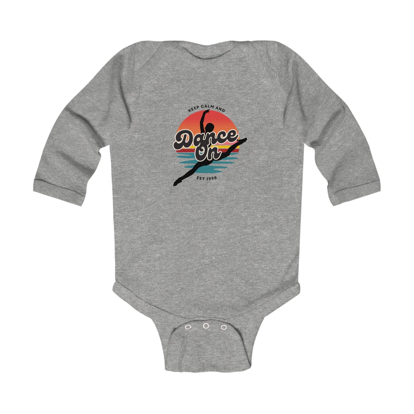 "Keep Calm and Dance On" Infant Long Sleeve Bodysuit – Retro Dance Graphic Baby Outfit for Future Dancers