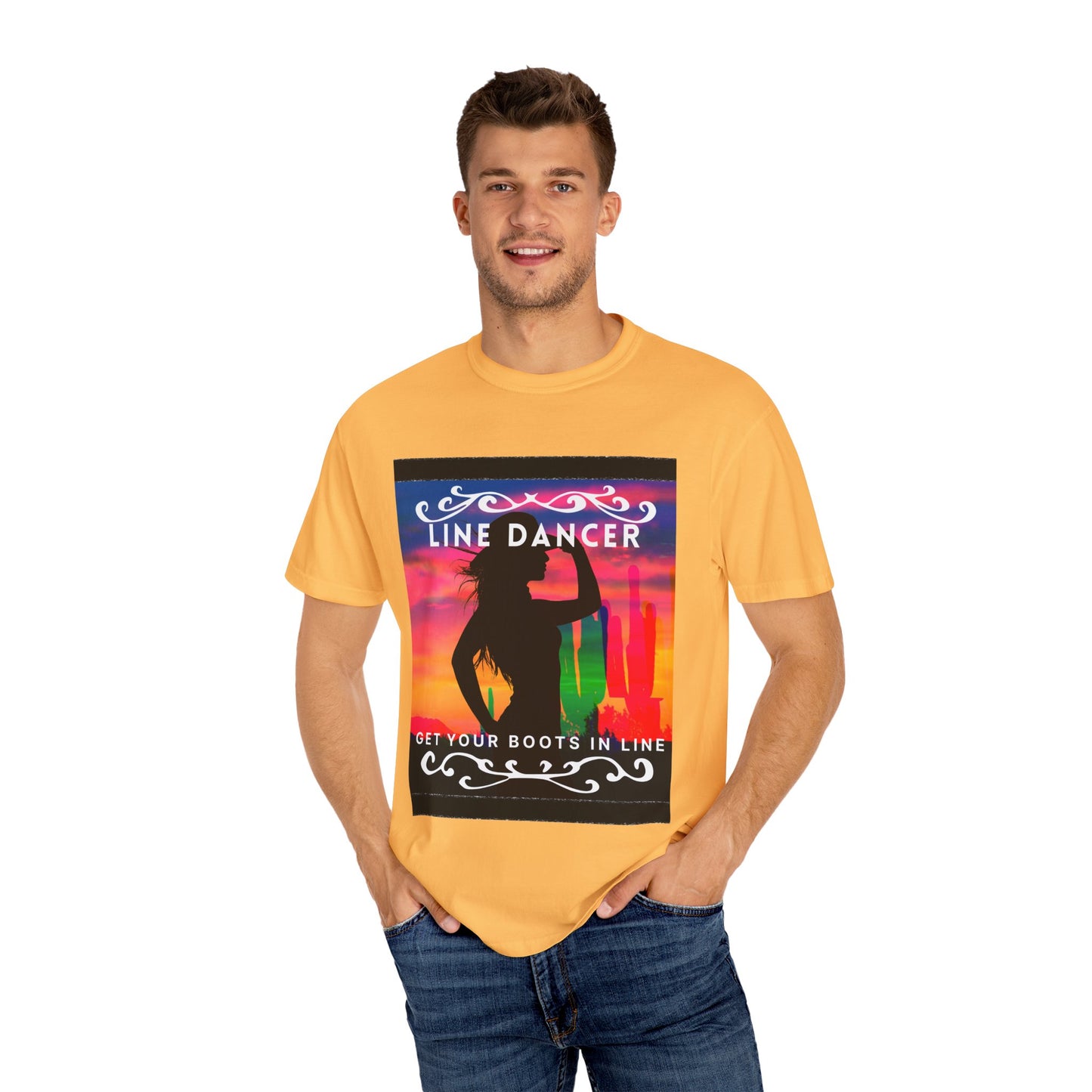 "Line Dancer" Unisex Garment-Dyed T-Shirt – Western Country Dance Graphic Tee – 'Get Your Boots in Line' Cowboy-Inspired Shirt