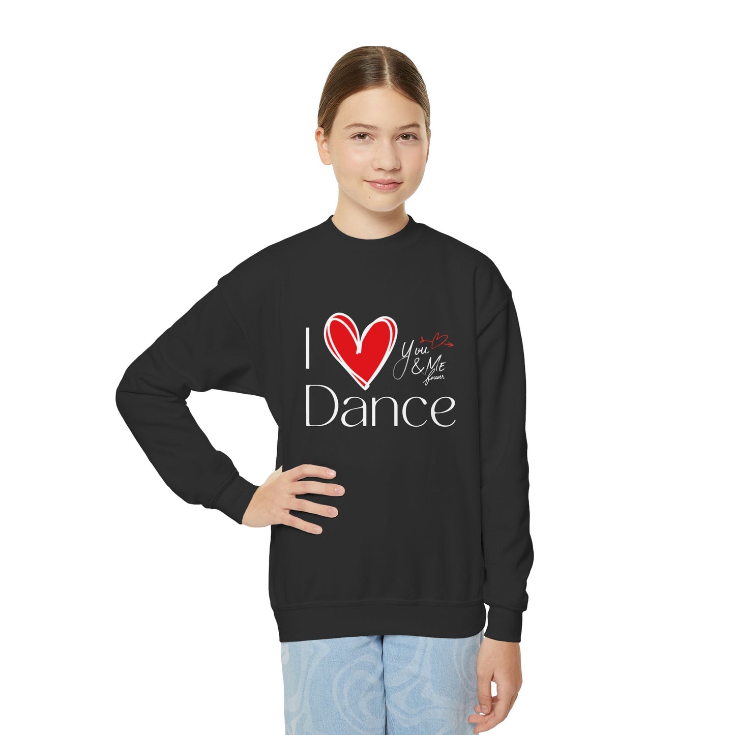 "I Love Dance" Youth Crewneck Sweatshirt – Hand-Drawn Heart & Note Graphic Dance Lover Pullover