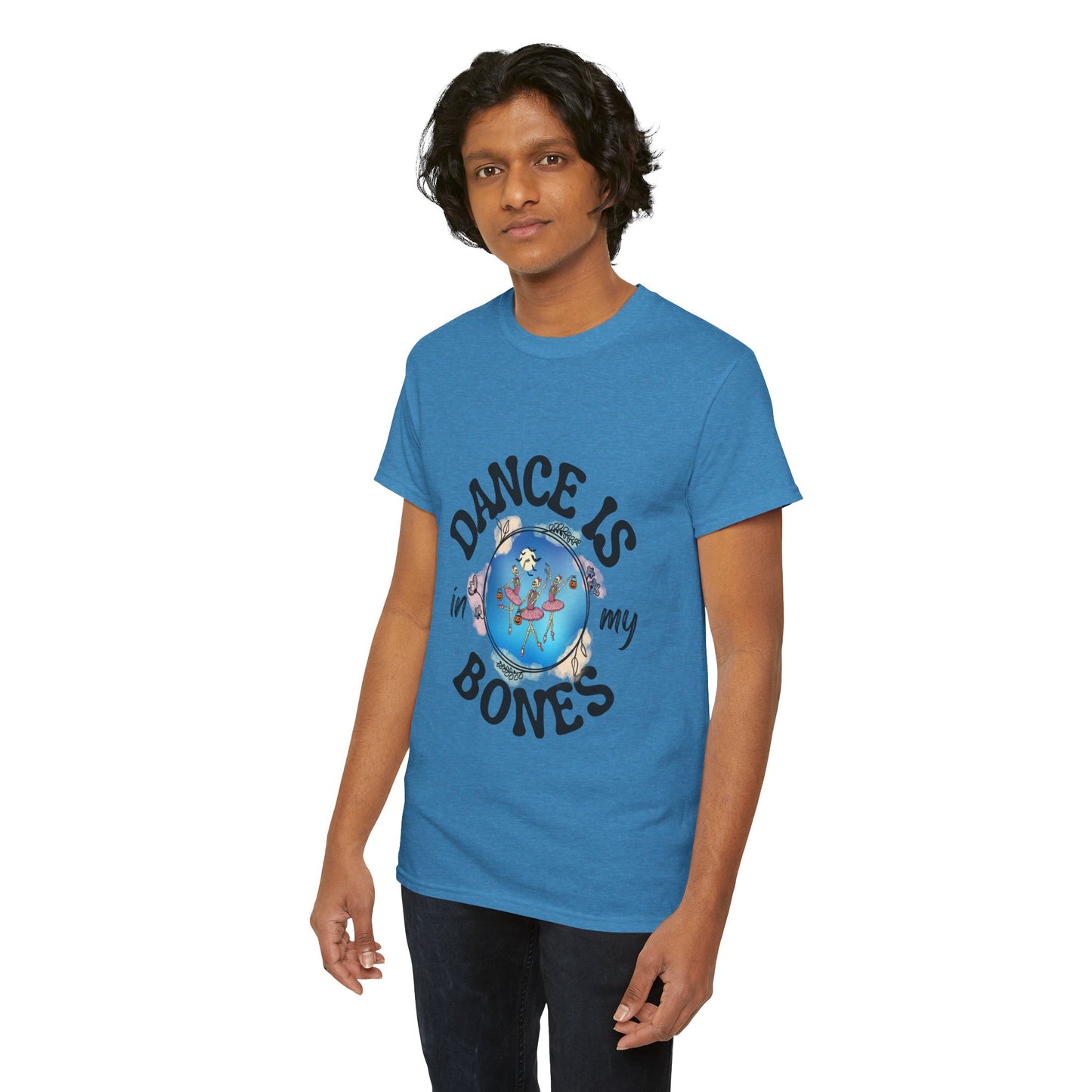 “Dance Is in My Bones” Halloween Dance T-Shirt with Dancing Skeletons Graphic - Unisex Heavy Cotton Tee