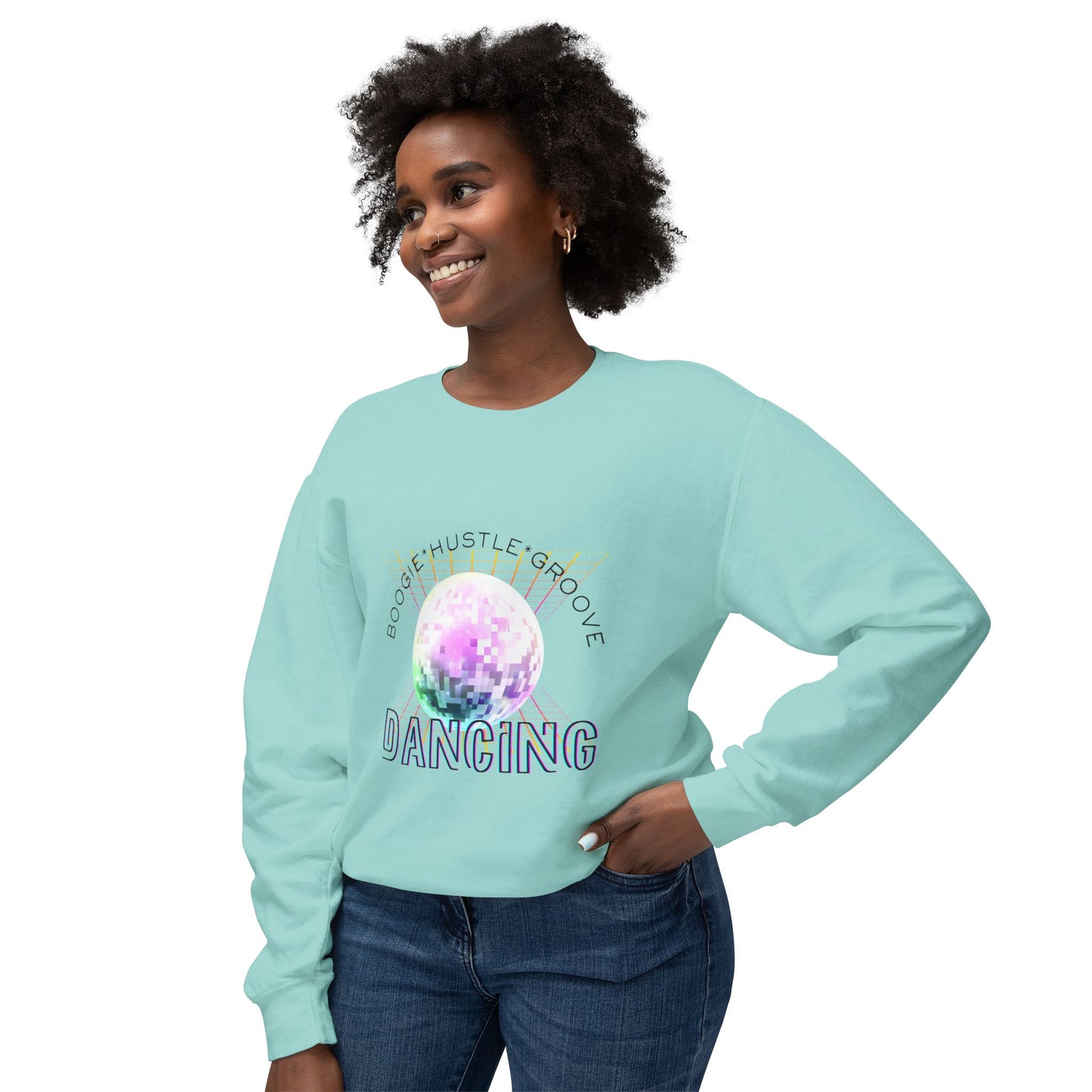 "Boogie, Hustle, Groove - Dancing" Streetwear Dance Graphic – Unisex Lightweight Crewneck Sweatshirt