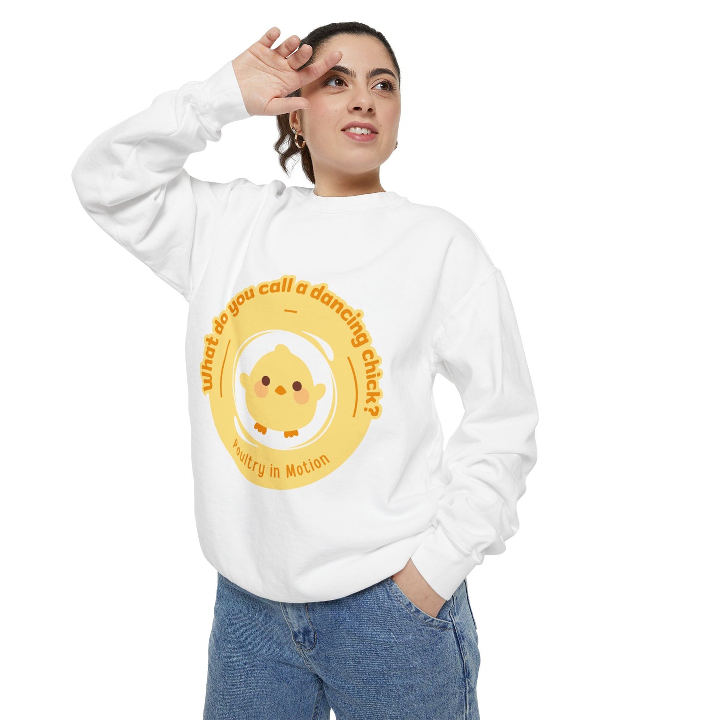 "What Do You Call a Dancing Chick? Poultry in Motion" Unisex Lightweight Crewneck Sweatshirt – Funny Dance Pun Pullover with Colorful Text Graphic for Dancers & Humor Lovers