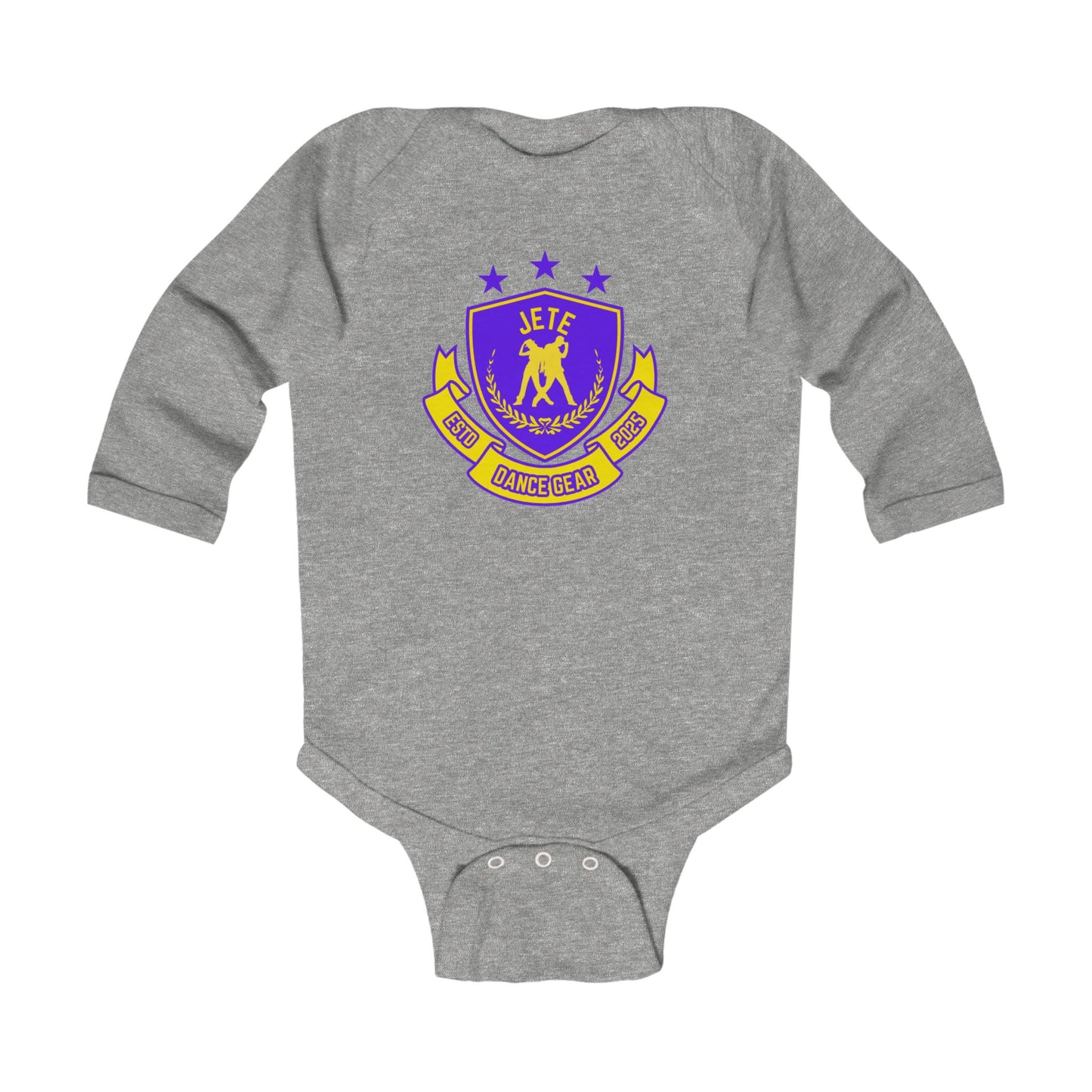 "Jeté Dance Gear" Infant Long Sleeve Bodysuit – Collegiate-Inspired Dance Graphic Baby Outfit for Future Dancers
