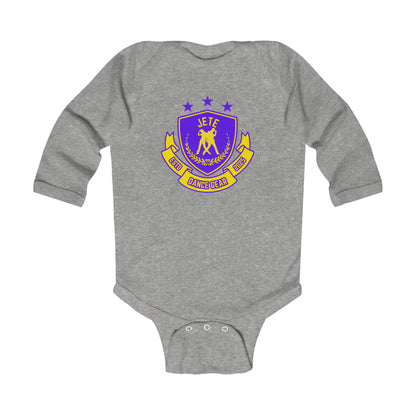 "Jeté Dance Gear" Infant Long Sleeve Bodysuit – Collegiate-Inspired Dance Graphic Baby Outfit for Future Dancers