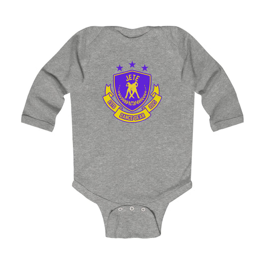 "Jeté Dance Gear" Infant Long Sleeve Bodysuit – Collegiate-Inspired Dance Graphic Baby Outfit for Future Dancers