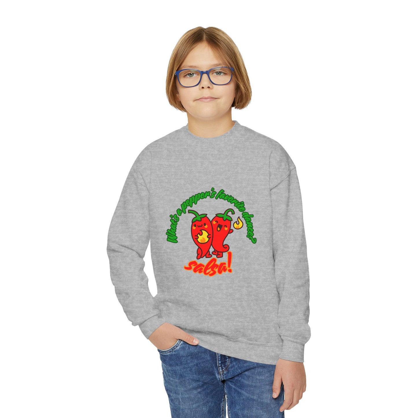 "What's a pepper's favorite dance?  Salsa!" – Funny Dance Pun Youth Crewneck Sweatshirt | Cute Pepper Graphic Kids Pullover for Dancers