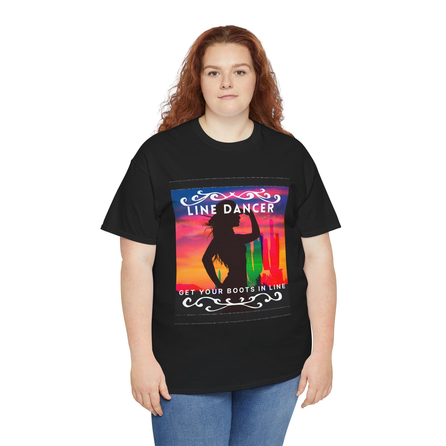 "Line Dancer" Unisex Heavy Cotton T-Shirt – Western Country Dance Graphic Tee – 'Get Your Boots in Line' Cowboy-Inspired Shirt