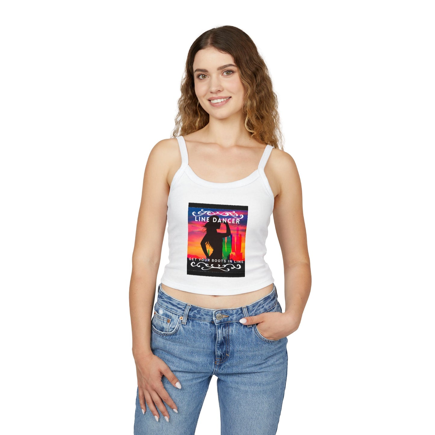 "Line Dancer" Spaghetti Strap Tank Top – Western-Inspired Country Dance Graphic – 'Get Your Boots in Line' Women's Dance Tank