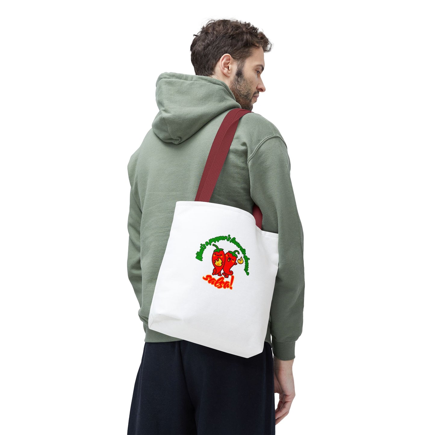 “What’s a Pepper’s Favorite Dance? Salsa!” Salsa Dance Pun Tote Bag – Funny Kawaii Pepper Graphic Canvas Bag for Dancers & Food Lovers