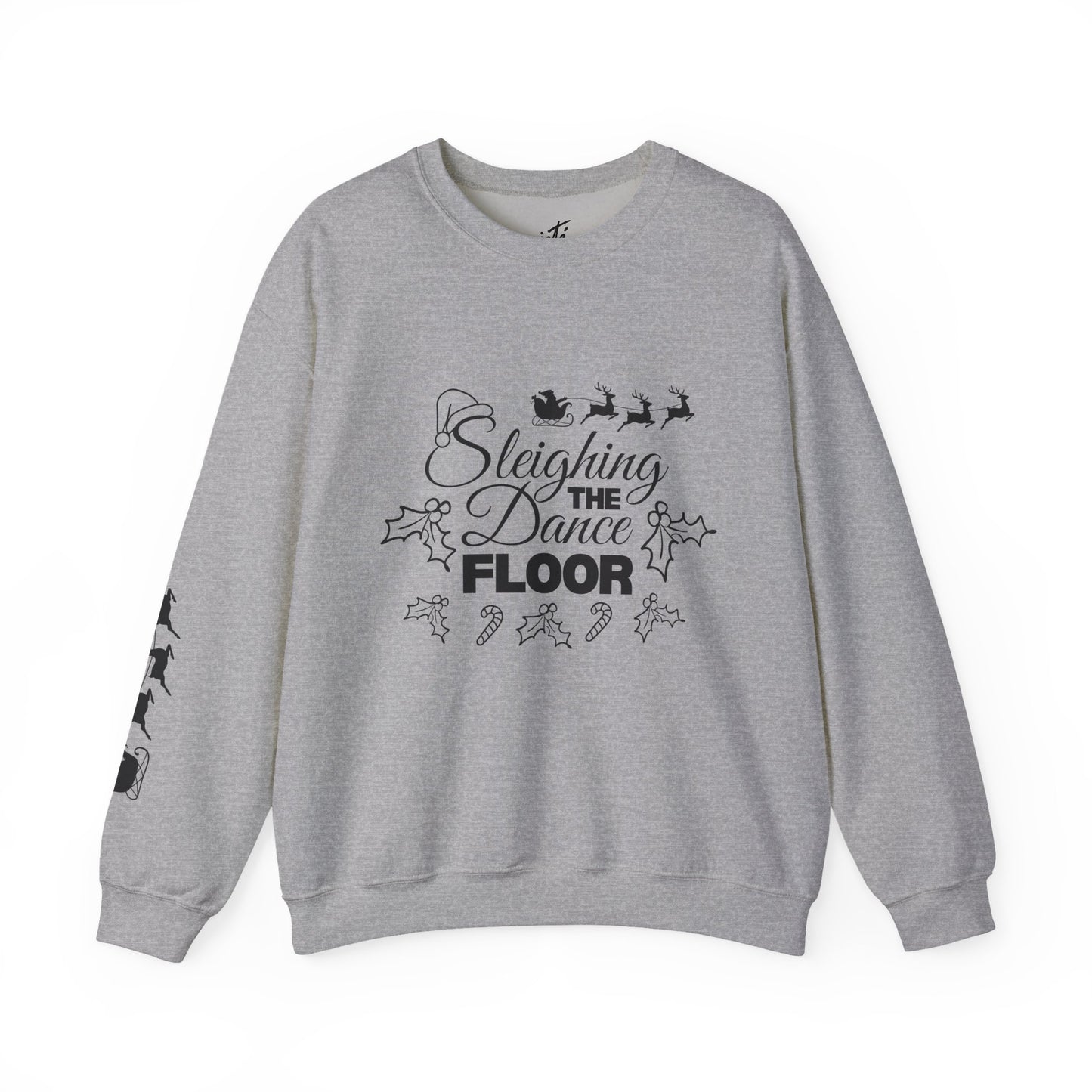 “Sleighing the Dance Floor” ADULT SWEATSHIRT Unisex Heavy Blend Crewneck – Festive Christmas Dance Sweatshirt with Santa’s Sleigh & Reindeer Arm Design, Perfect for Dancers & Studios