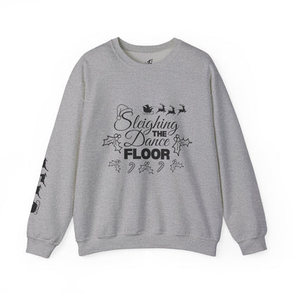 “Sleighing the Dance Floor” ADULT SWEATSHIRT Unisex Heavy Blend Crewneck – Festive Christmas Dance Sweatshirt with Santa’s Sleigh & Reindeer Arm Design, Perfect for Dancers & Studios