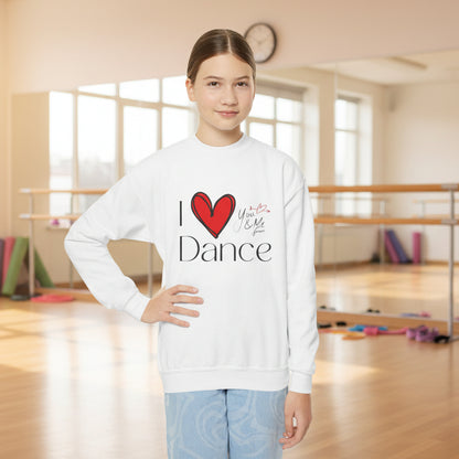Person wearing a white sweatshirt with 'I ❤️ Dance' design on a white background