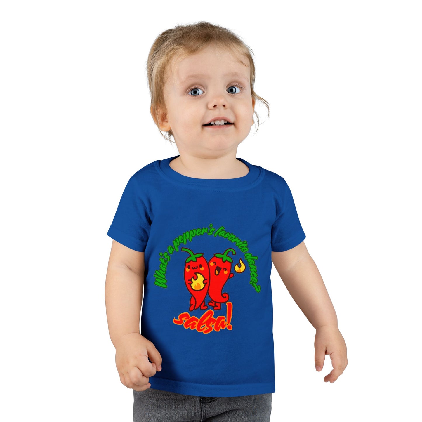 "What Is a Pepper's Favorite Dance? Salsa!" Toddler Dance T-Shirt – Cute Pepper Pun Graphic Short Sleeve Tee for Kids