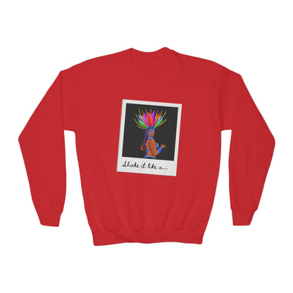 "Shake It Like a..." Youth Crewneck Sweatshirt – Carnival-Inspired Samba Dancer Graphic Pullover for Kids and Teens