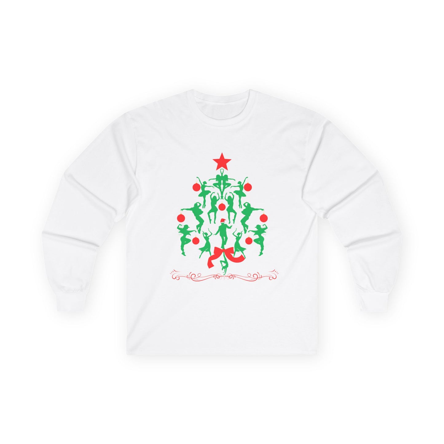 "Christmas Tree Dancer Silhouette" ADULT TEE Unisex Long Sleeve – Festive Ballet & Dance Holiday Tee for Dancers, Teachers, and Studios
