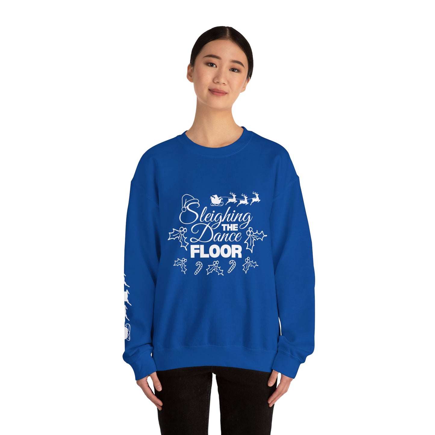 “Sleighing the Dance Floor” ADULT SWEATSHIRT Unisex Heavy Blend Crewneck – Festive Christmas Dance Sweatshirt with Santa’s Sleigh & Reindeer Arm Design, Perfect for Dancers & Studios