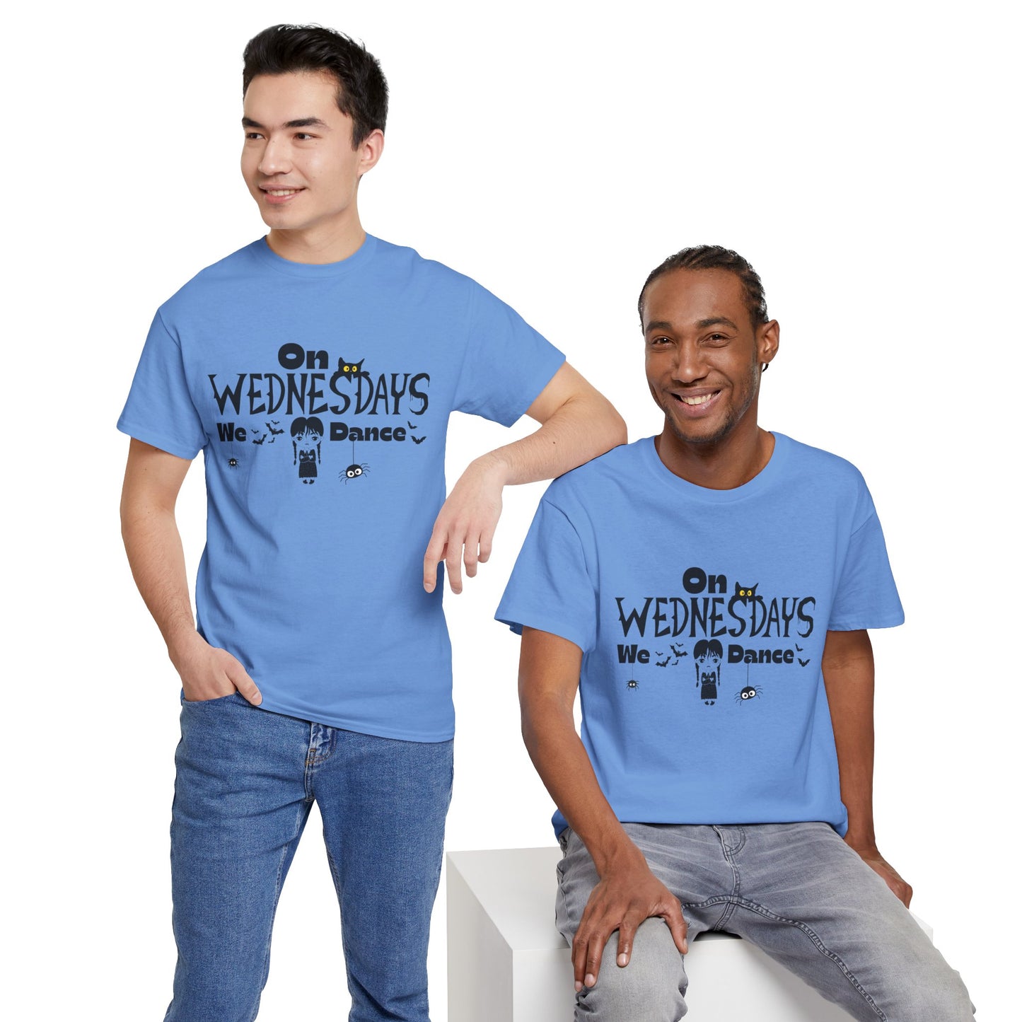 “On Wednesdays We Dance” Gothic Halloween T-Shirt with Cute Girl, Black Cat, Spiders & Bats - Unisex Heavy Cotton Tee