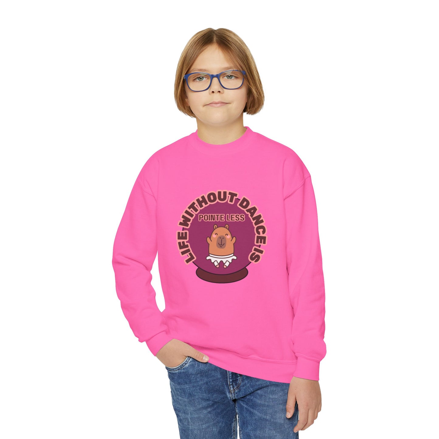"Life Without Dance Is Pointeless" – Cute Dancing Capybara Youth Crewneck Sweatshirt | Funny Animal Dance Kids Pullover