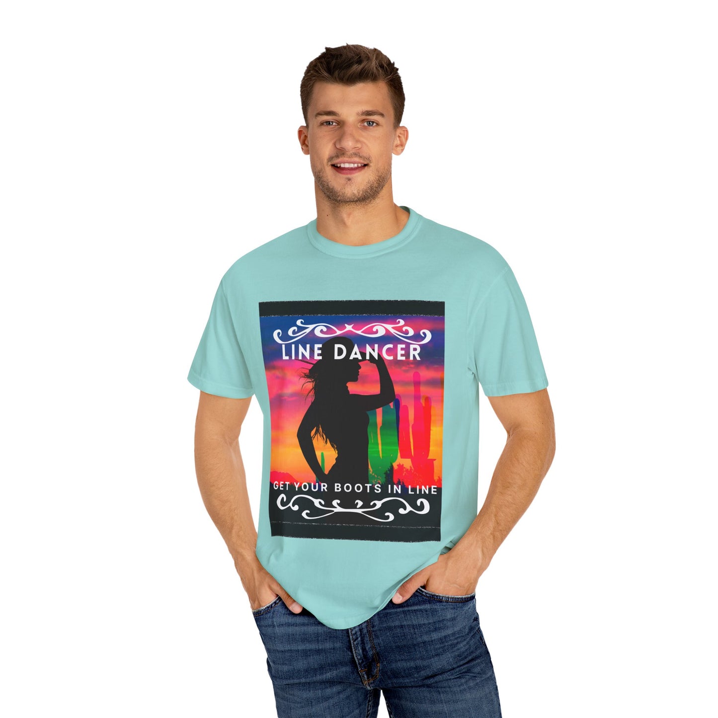 "Line Dancer" Unisex Garment-Dyed T-Shirt – Western Country Dance Graphic Tee – 'Get Your Boots in Line' Cowboy-Inspired Shirt