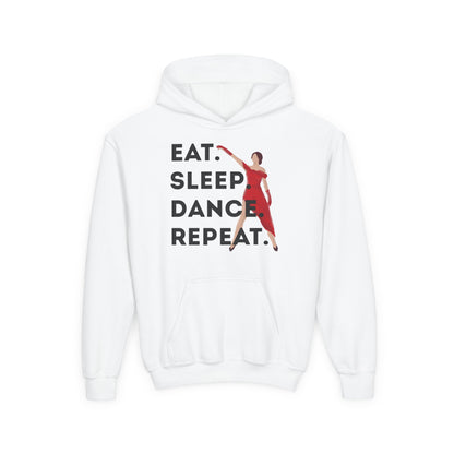 "Eat Sleep Dance Repeat" Youth Hooded Sweatshirt – Bold Dancer Graphic Fleece Hoodie for Kids and Teens
