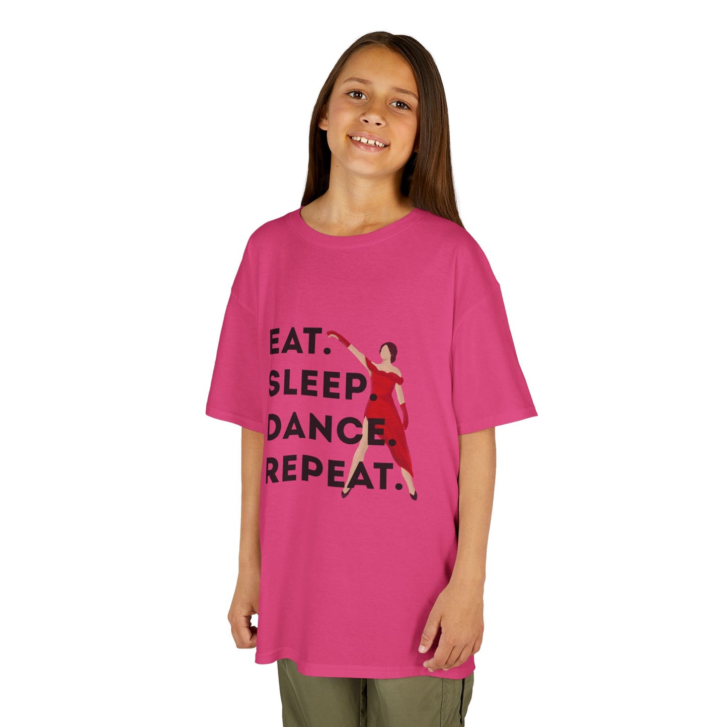 "Eat Sleep Dance Repeat” Youth Short Sleeve Tee – Bold Dancer Graphic Dance Shirt for Kids and Young Performers
