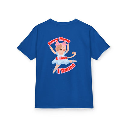 "Every Meow & Then I Dance" – Youth Short Sleeve Tee with Cute Dancing Cat Graphic | Kids’ Dance & Cat Lover T-Shirt