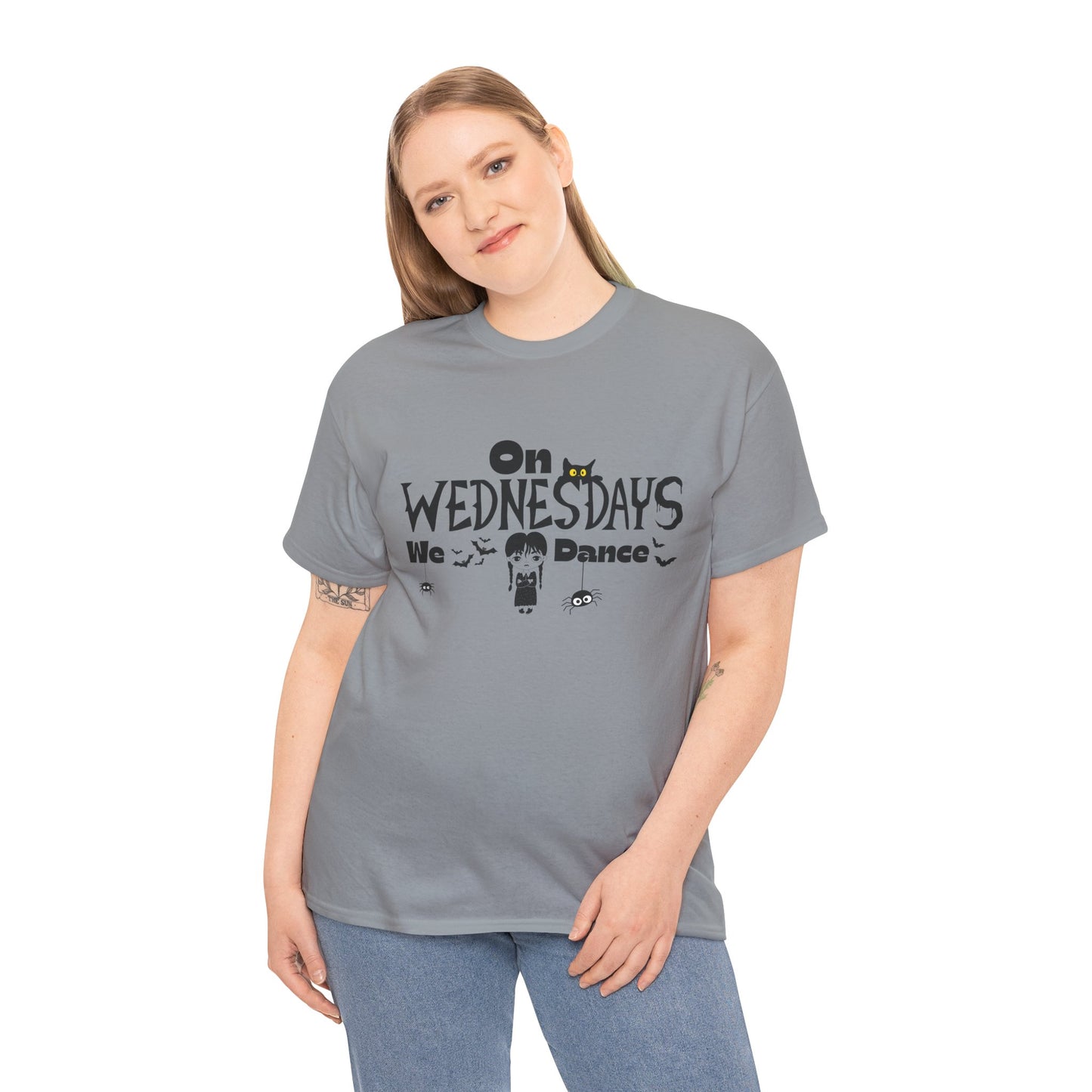 “On Wednesdays We Dance” Gothic Halloween T-Shirt with Cute Girl, Black Cat, Spiders & Bats - Unisex Heavy Cotton Tee