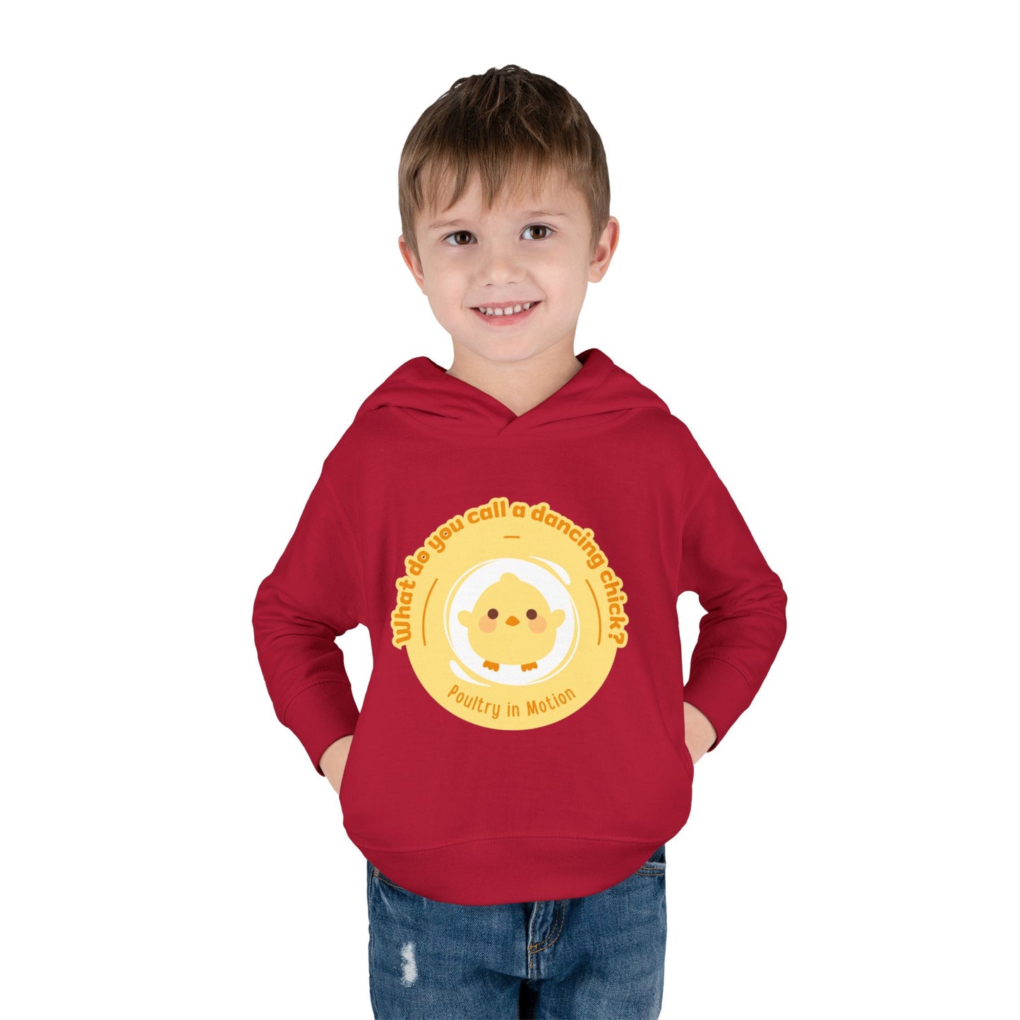 "What do you call a dancing chick? Poultry in Motion." Toddler Pullover Hoodie – Funny Dancing Chicken Pun Graphic Fleece Sweatshirt for Kids