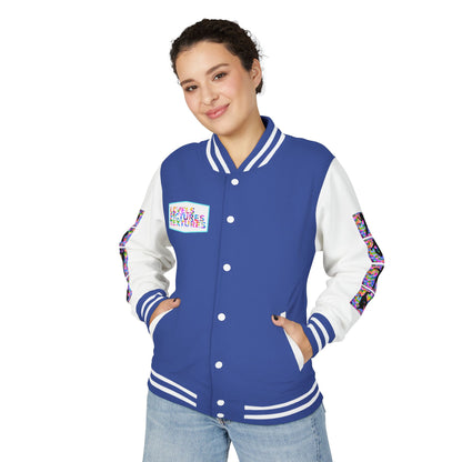 Levels Premium Collection Dance Letterman Jacket – Colorful Unisex Streetwear Varsity Jacket with "Levels Pictures Textures" Front and Dancer Silhouette Back Graphic