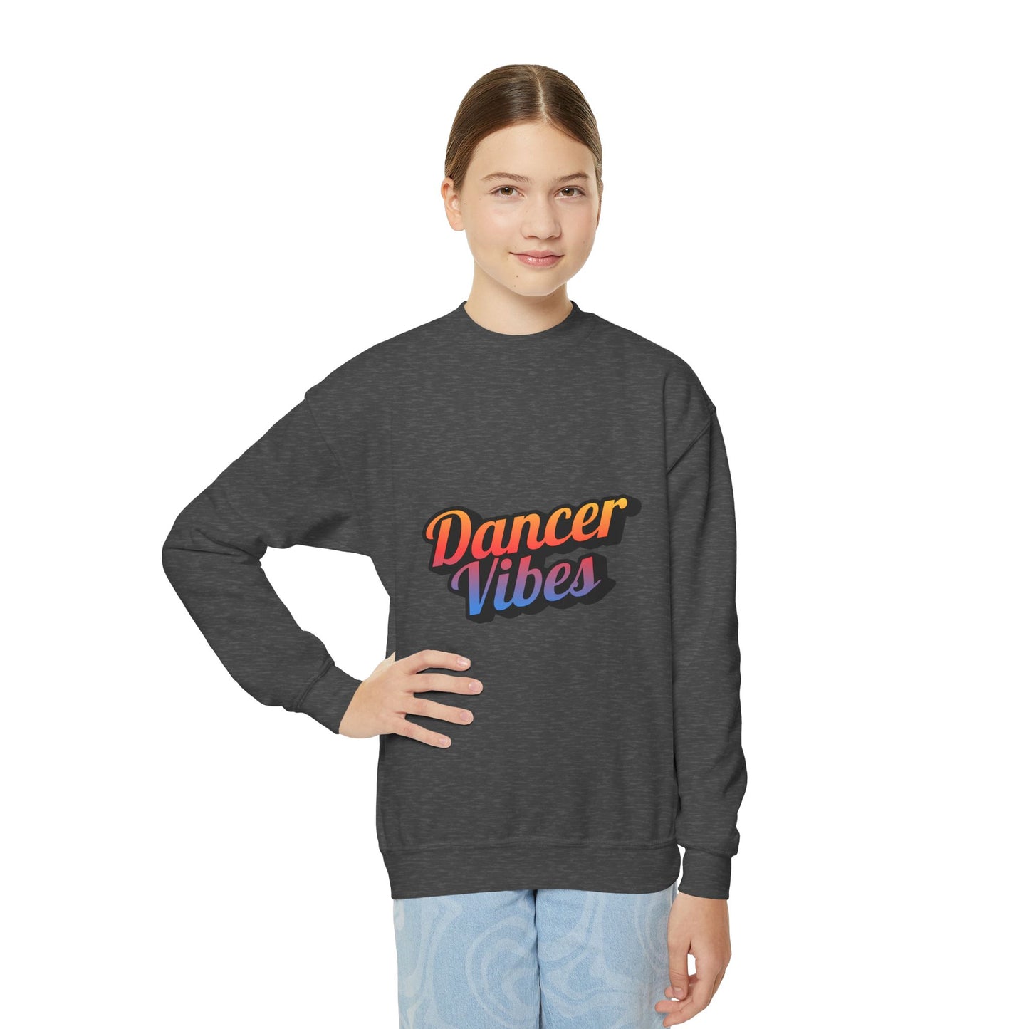 "Dancer Vibes" Youth Crewneck Sweatshirt – Colorful Text-Based Dance Graphic Pullover for Kids and Teens