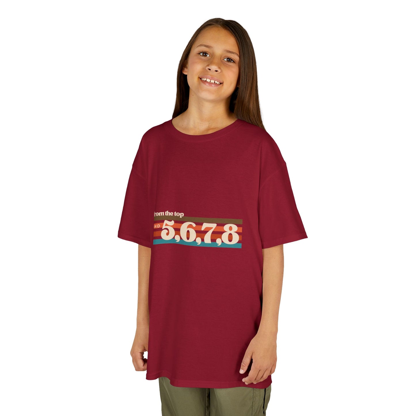 “From the Top and 5, 6, 7, 8” Youth Short Sleeve Tee – Retro Graphic Dance Shirt for Kids and Young Performers
