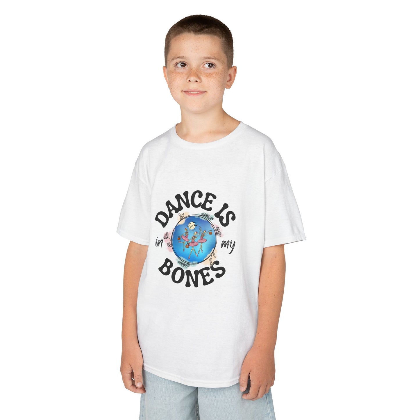 "Dance Is in My Bones” Halloween Dance T-Shirt with Dancing Skeletons Graphic - Kids Heavy Cotton™ Tee