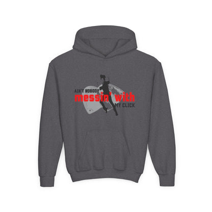 “Ain’t Nobody Messin’ with My Click” Tap Dance Graphic with Tap Shoes & Dancer - Unisex Youth Hoodie – Streetwear Tap Dancing Hoodie for Kids & Young Performers