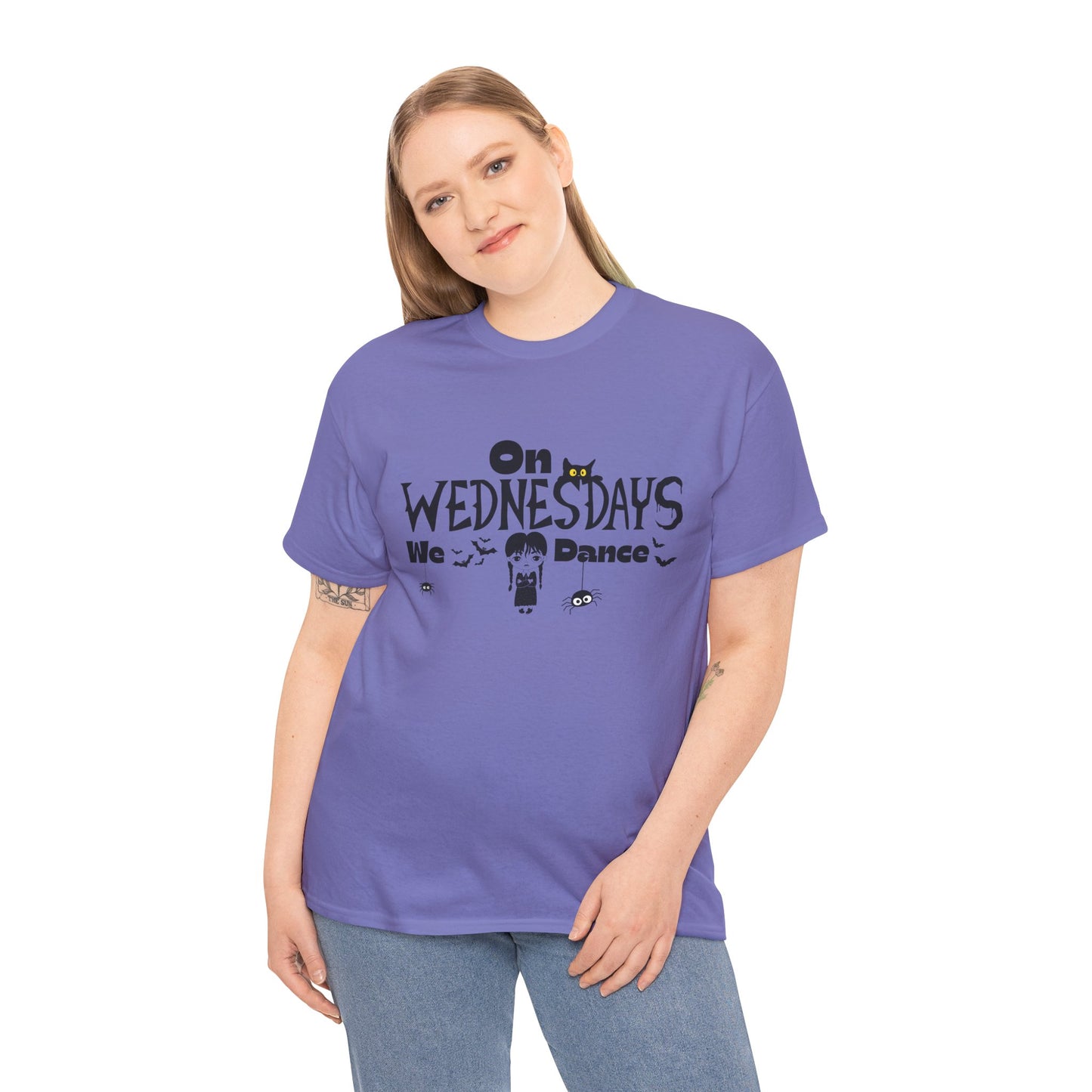 “On Wednesdays We Dance” Gothic Halloween T-Shirt with Cute Girl, Black Cat, Spiders & Bats - Unisex Heavy Cotton Tee