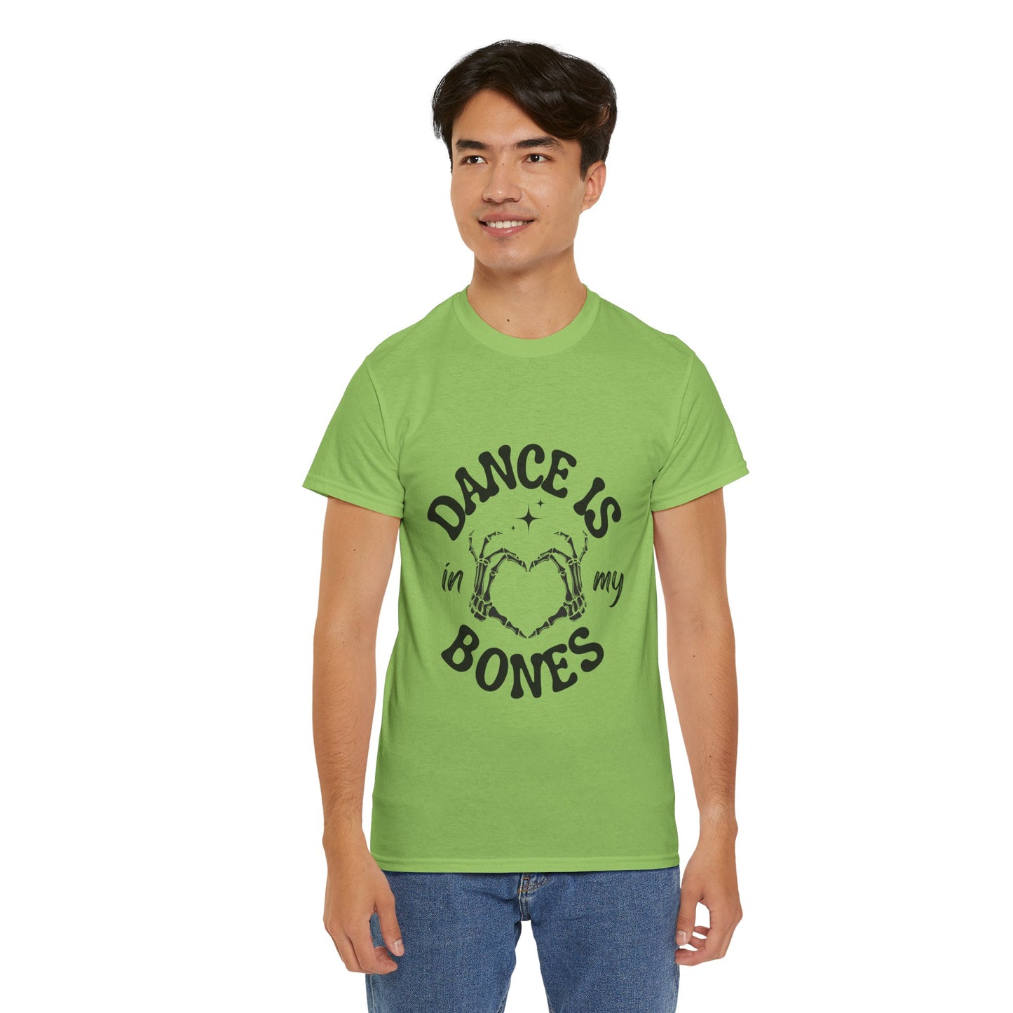 “Dance Is in My Bones” Halloween Dance T-Shirt with Cute Skeleton Heart Graphic - Unisex Heavy Cotton Tee
