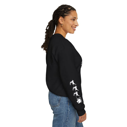 “Sleighing the Dance Floor” ADULT SWEATSHIRT Unisex Heavy Blend Crewneck – Festive Christmas Dance Sweatshirt with Santa’s Sleigh & Reindeer Arm Design, Perfect for Dancers & Studios