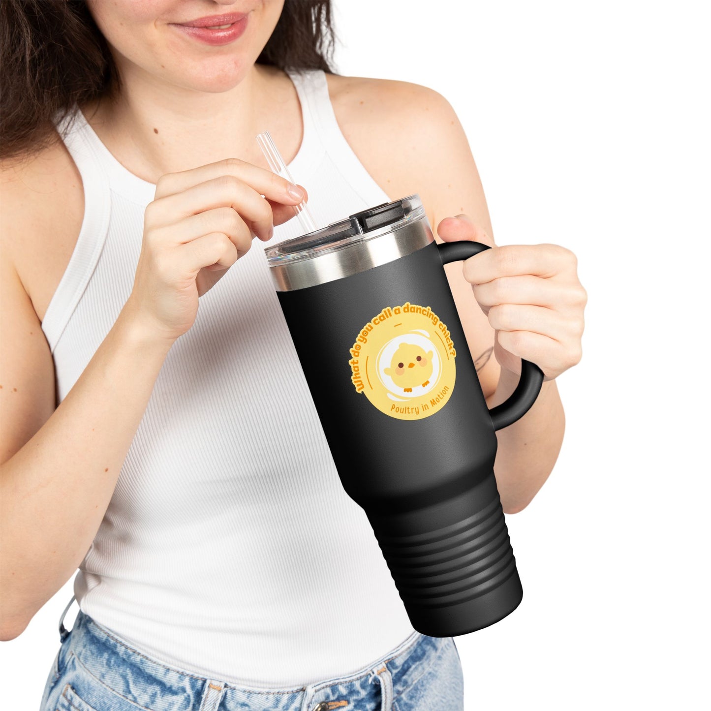 "Poultry in Motion" 40oz Insulated Travel Mug – Cute Dancing Chick Graphic | Funny Dance-Themed Stainless Steel Tumbler for On-the-Go Sipping